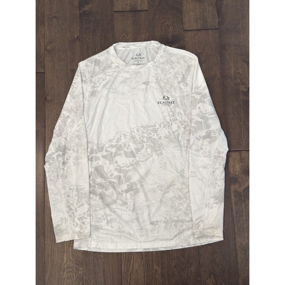 Realtree Fishing Mens White Camo Long Sleeve Shirt Size M Moisture Wicking Logo